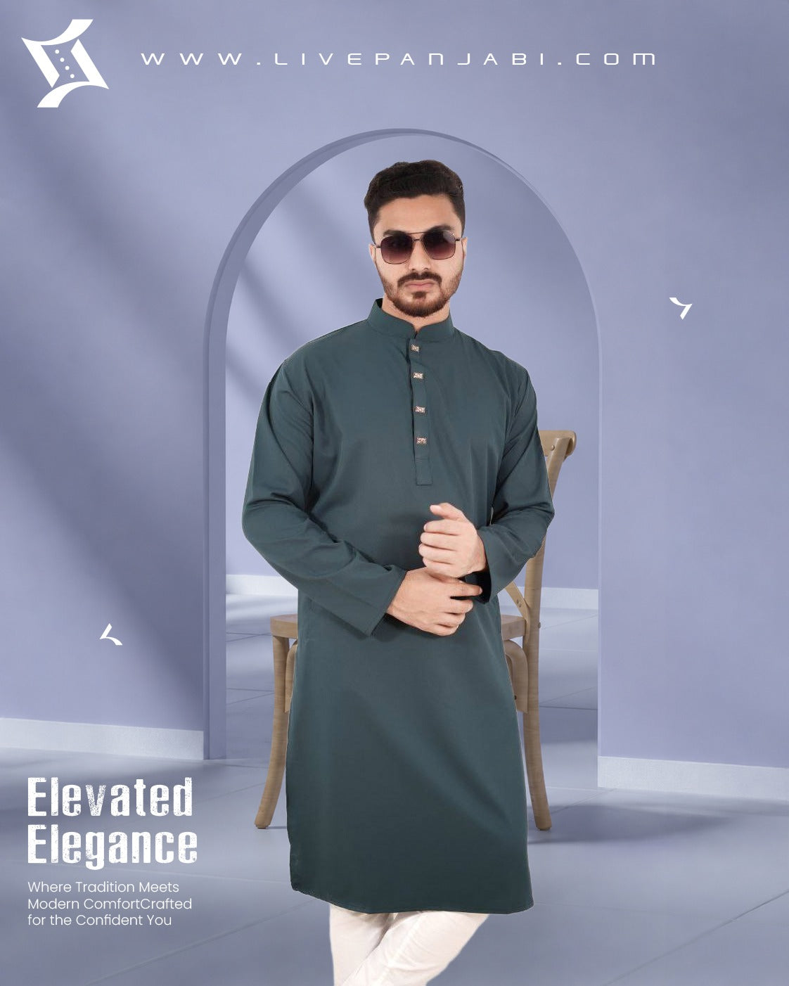 Signature Micro-Stitch Solid Panjabi – Green