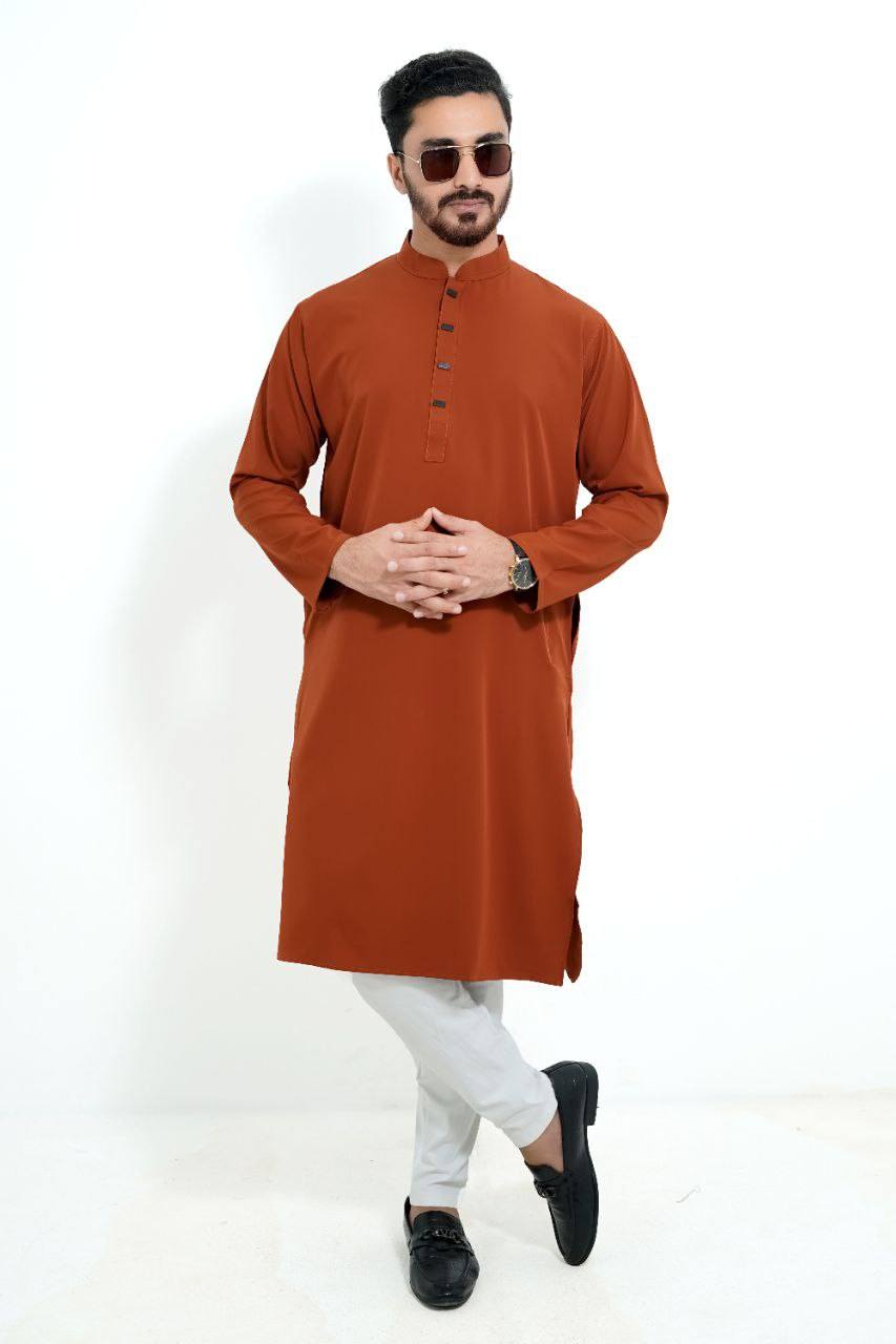 Signature Micro-Stitch Solid Panjabi – Tiger Orange