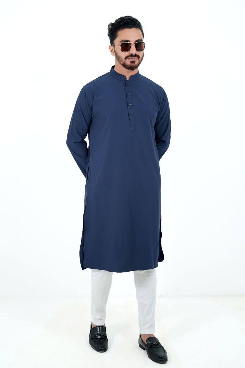 Signature Micro-Stitch Solid Panjabi – Navy Blue