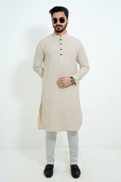 Signature Micro-Stitch Solid Panjabi – CREAM