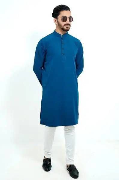 Signature Micro-Stitch Solid Panjabi – Petrol Blue